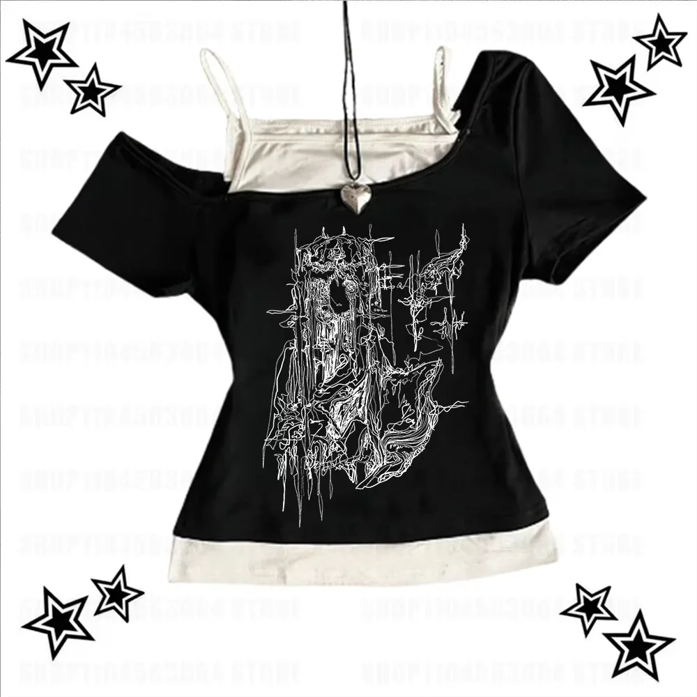 

Cross border Y2K style T-shirt for girls with Gothic print pattern, versatile and fake, two pieces for spring and summer