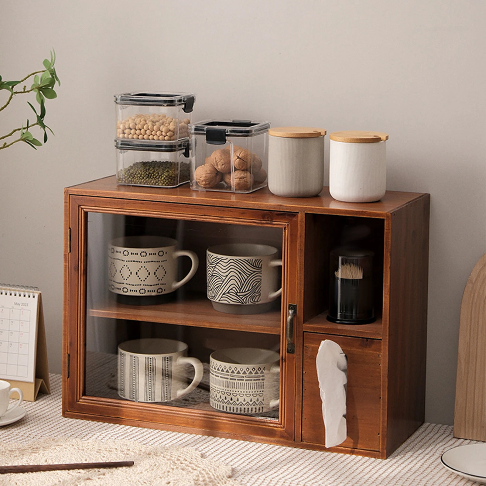 Desktop Storage Cabinet With Door Storage Rack Retro Double-Layer Wooden Tea Set Desktop Storage Box Cup Dust-Proof Cabinet