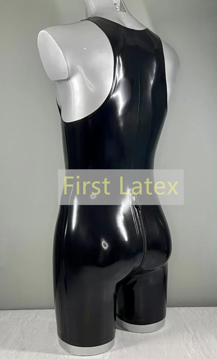 Handmade Natural Latex Sleeveless Catsuit Rubber Bodysuit Men's Latex Jumpsuit  with Front to Crotch Zip Skin-Tight Singlet Suit - view 2