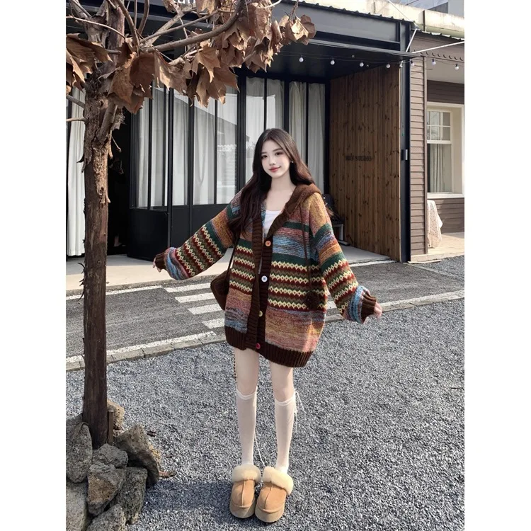 Womens Coat Spring Autumn Retro Striped Contrasting Loose Casual Knitted Cardigan Versatile Daily Fashion Sweet Temperament Wear