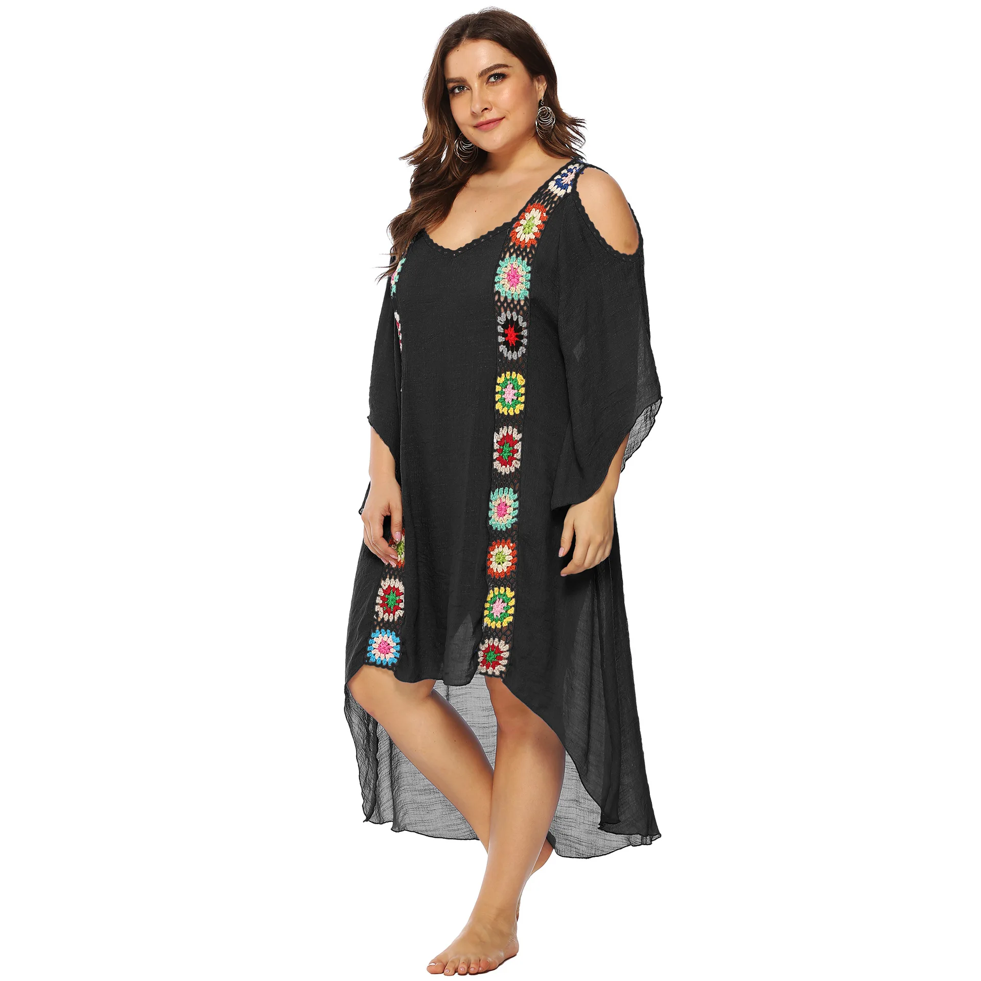 Plus Size Over-size Off Shoulder Beach Dress Women Swimwear Bikini Cover-up Strip Color Crochet Patchwork Irregular Flare Sleeve