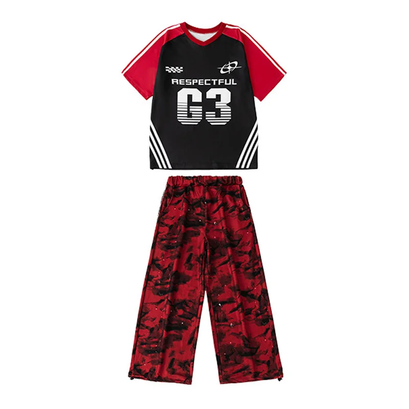 Kid Hip Hop Kleidung Set Jungen Street Dance Kostüm Mädchen Jazz Modern Dance Anzug Kontrast Farbe T-shirt Schwarz-rote Hosen
