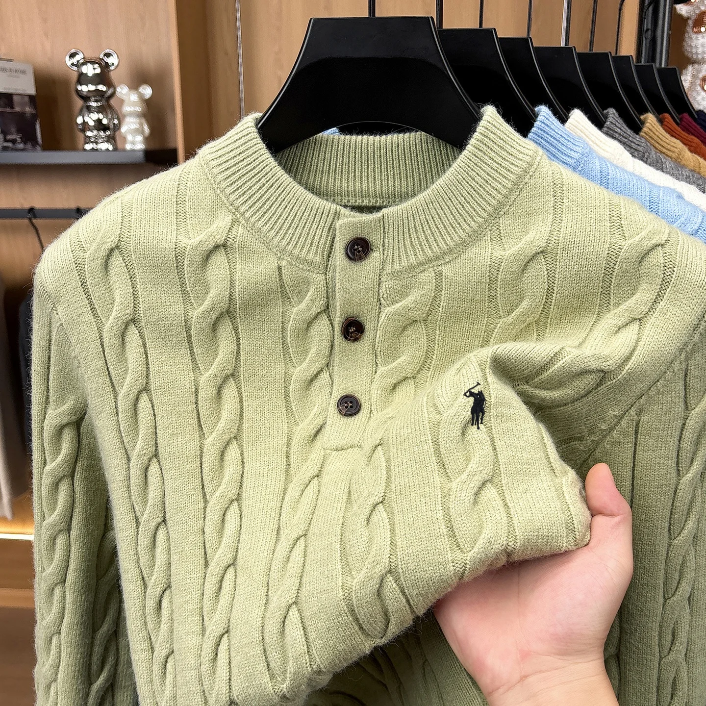 High Quality Trendy Button Collar Sweater Men New Retro Jacquard Luxury Brand Golf Pony Embroidered Winter Warm Knitted Pullover