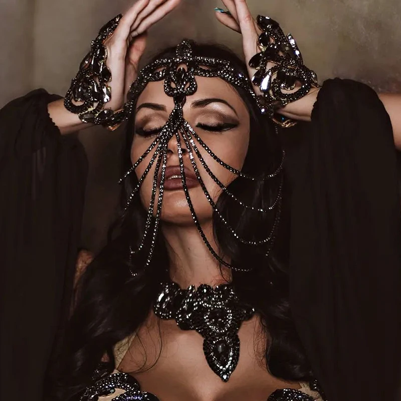قناع حجر الراين الأسود، إكسسوارات شعر الملهى الليلي لحفلات المكياج، مليئة بالألماس، شخصية مبالغ فيها للنساء المثيرات