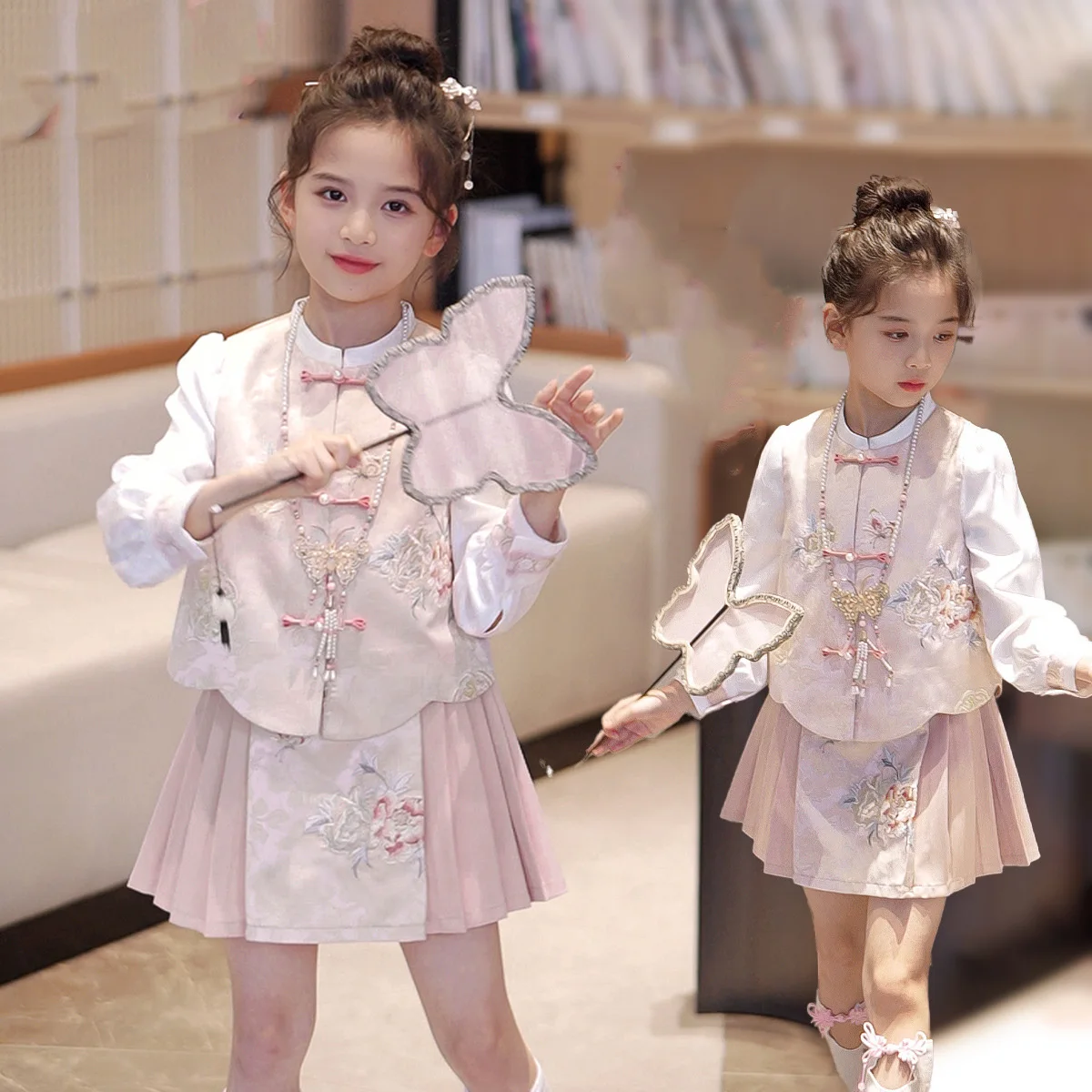 

Baby Girl Autumn 3pcs Set Round Neck Top+Sleeveless Vest+Elastic Waist Skirt Girl Set Embroidery Long Sleeve Children Girl Set