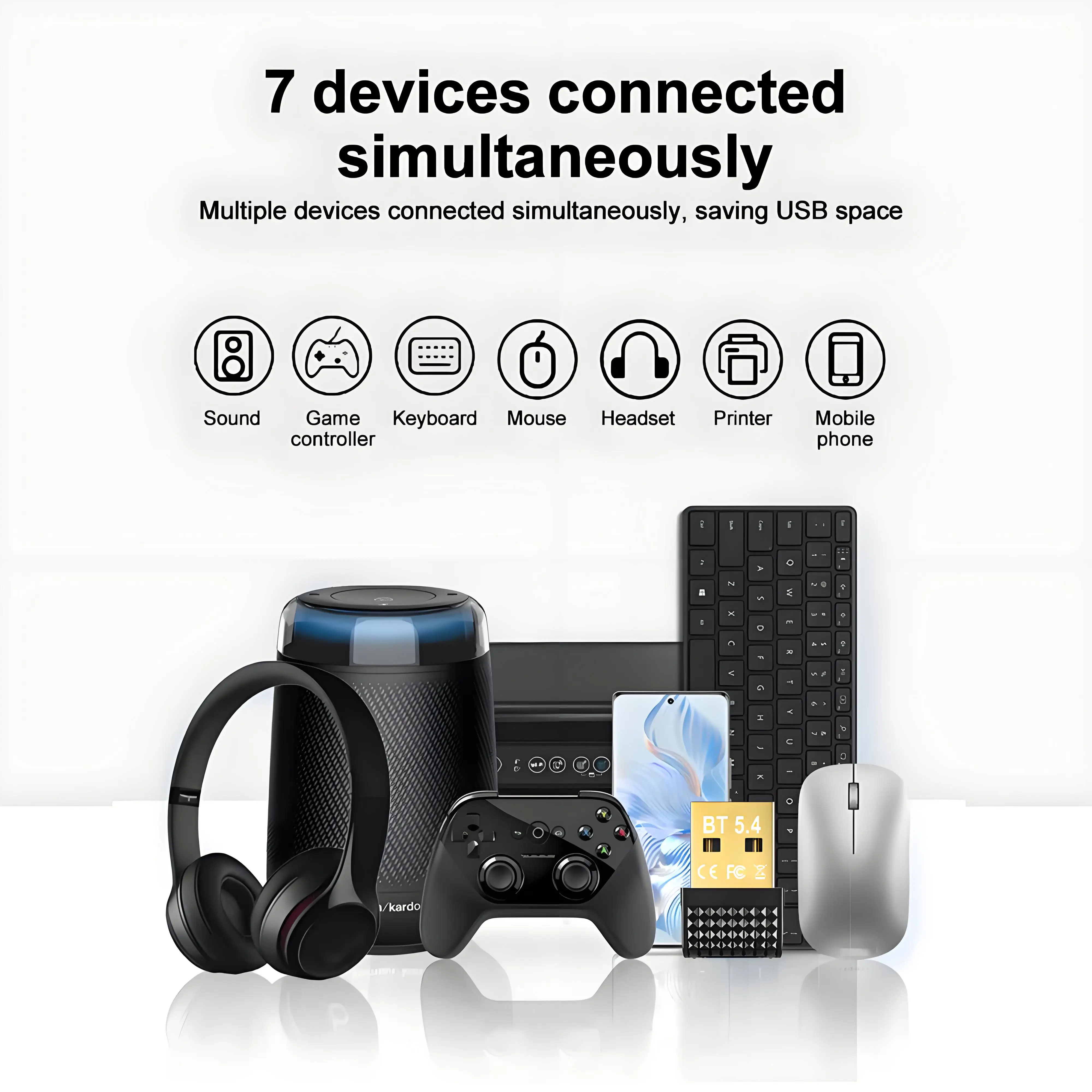 USB Bluetooth 5.4 อะแดปเตอร์เครื่องส่งสัญญาณเสียงแบบไร้สาย Dongle Adaptador สําหรับ PC ไร้สายเมาส์คีย์บอร์ดเพลงสําหรับ Win10/11