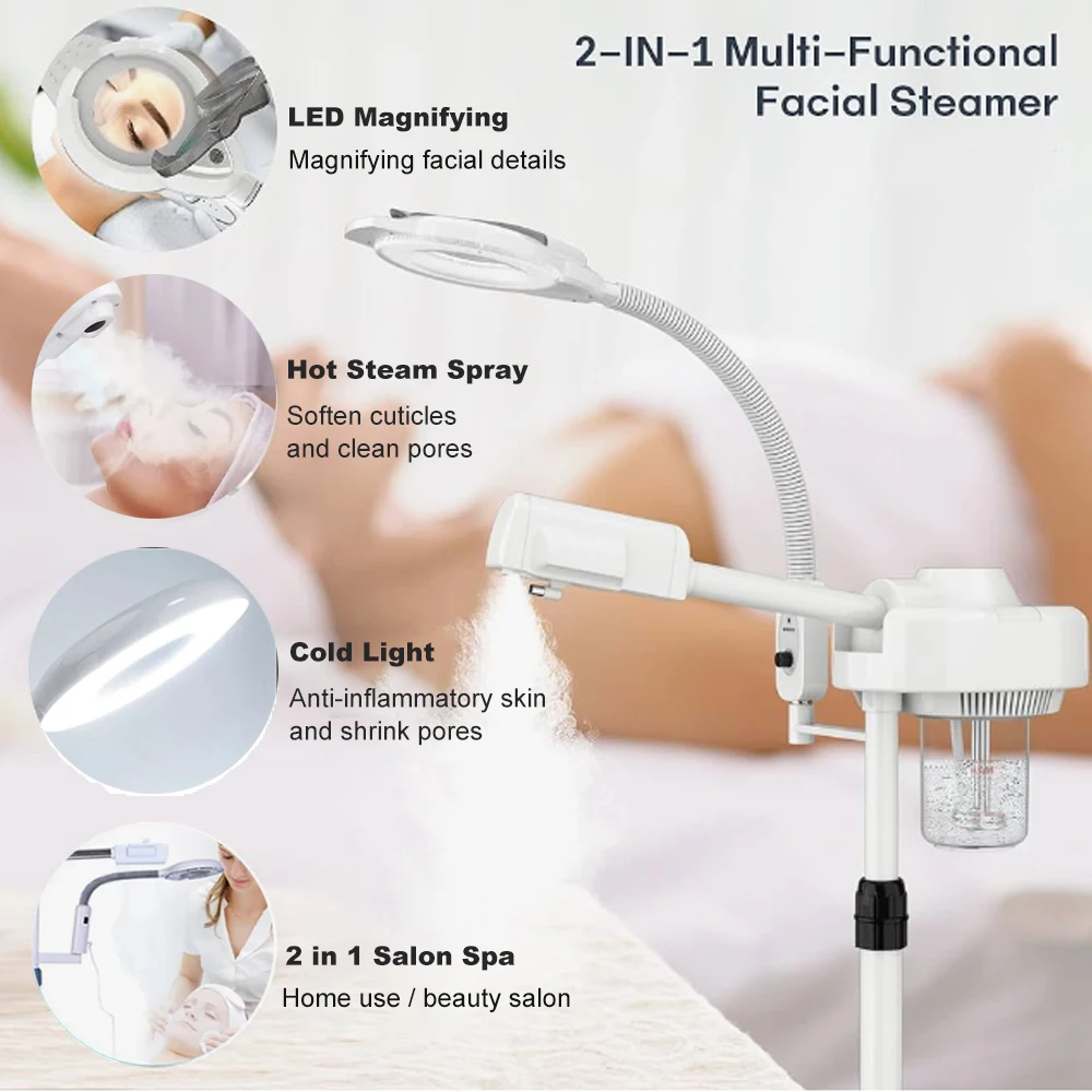 2 in 1 Nano Facial Steamer LED Magnifying Lamp Cold Light Hot Steam Deep Cleaning Beauty Salon Spa Skin Care Device