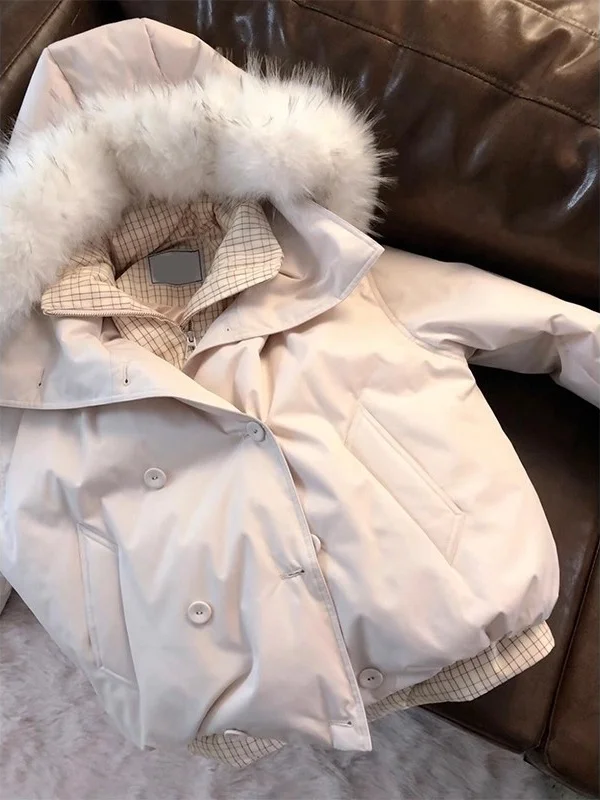 

Корейская зимняя женская куртка с отстегивающимся меховым воротником и капюшоном, уникальный дизайн, маленький размер, имитация двухслойности, короткое пальто