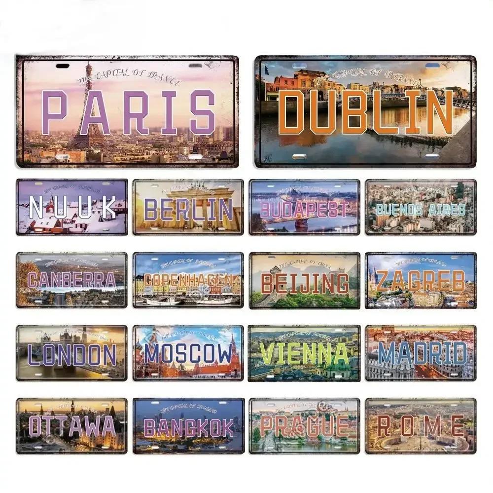 Vintage Capital City Licenses Plate Metal Sign Plaque Metal Tin Sign for Restaurant Bar Workshop Cafe Pub Man Cave Decoration