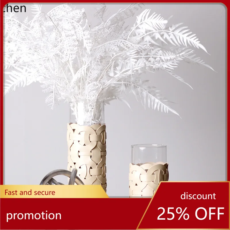 

CZ straight glass vase with a high-end feel, woven leather large-diameter flower holder, decorative piece for living room