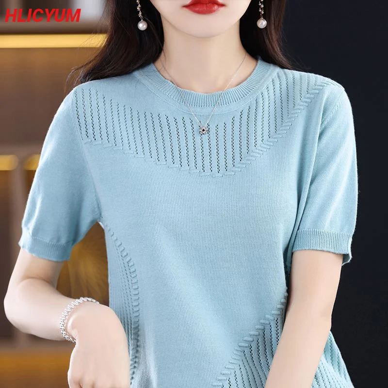 Women\'s T-shirt 2023 New 100% Cotton Short Sleeve Casual Solid Knit Pullover Ladies Tops Loose Tees Hollow Round Neck Blouse