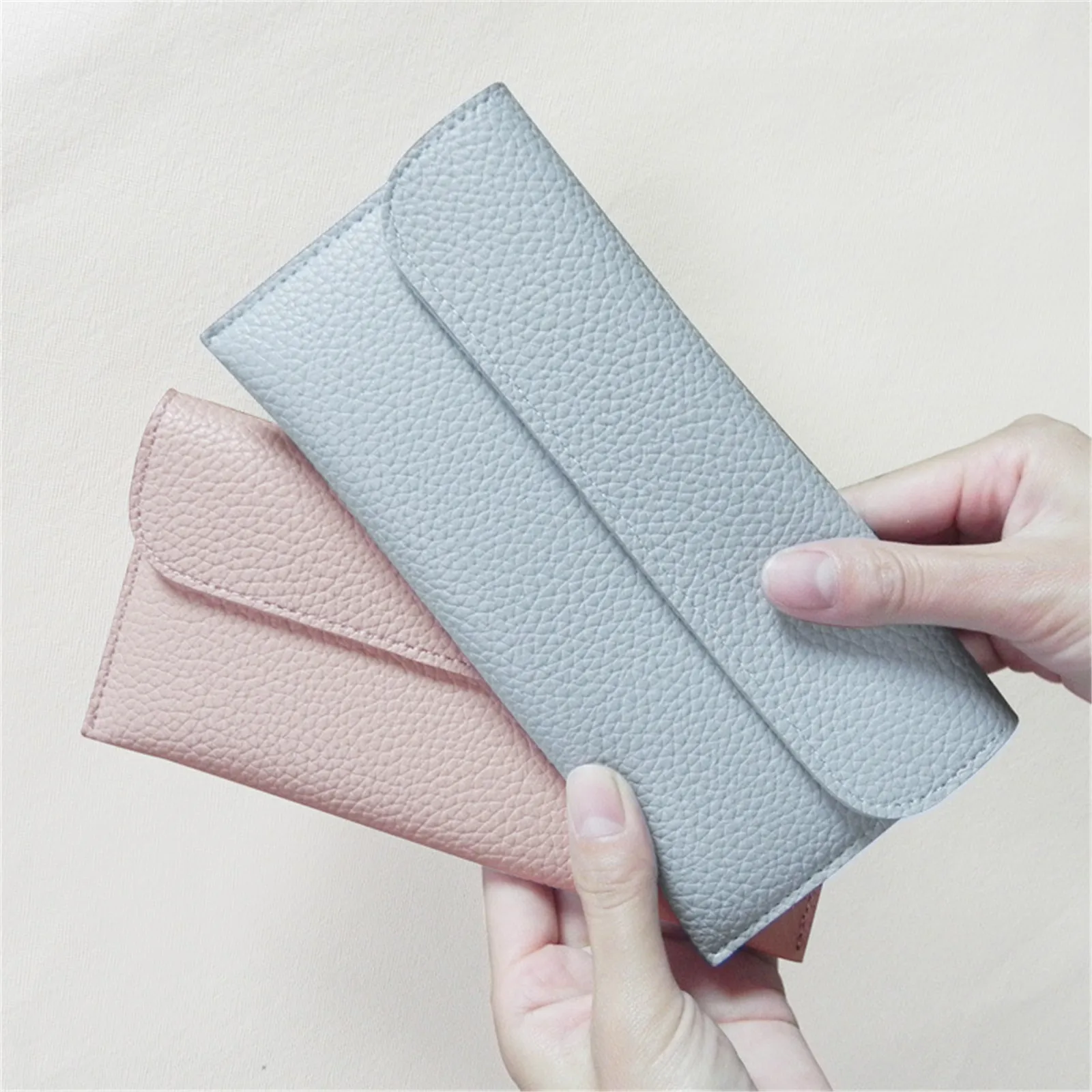 Cartera larga de cuero PU para mujer, cartera delgada con múltiples bolsillos para tarjetas de crédito, bolso de mano con broche