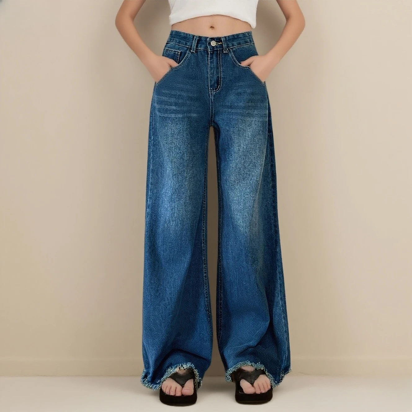 

Свободные джинсы с высокой талией в корейском стиле, уличная одежда, эластичные широкие джинсы-бойфренды, женские офисные универсальные брюки