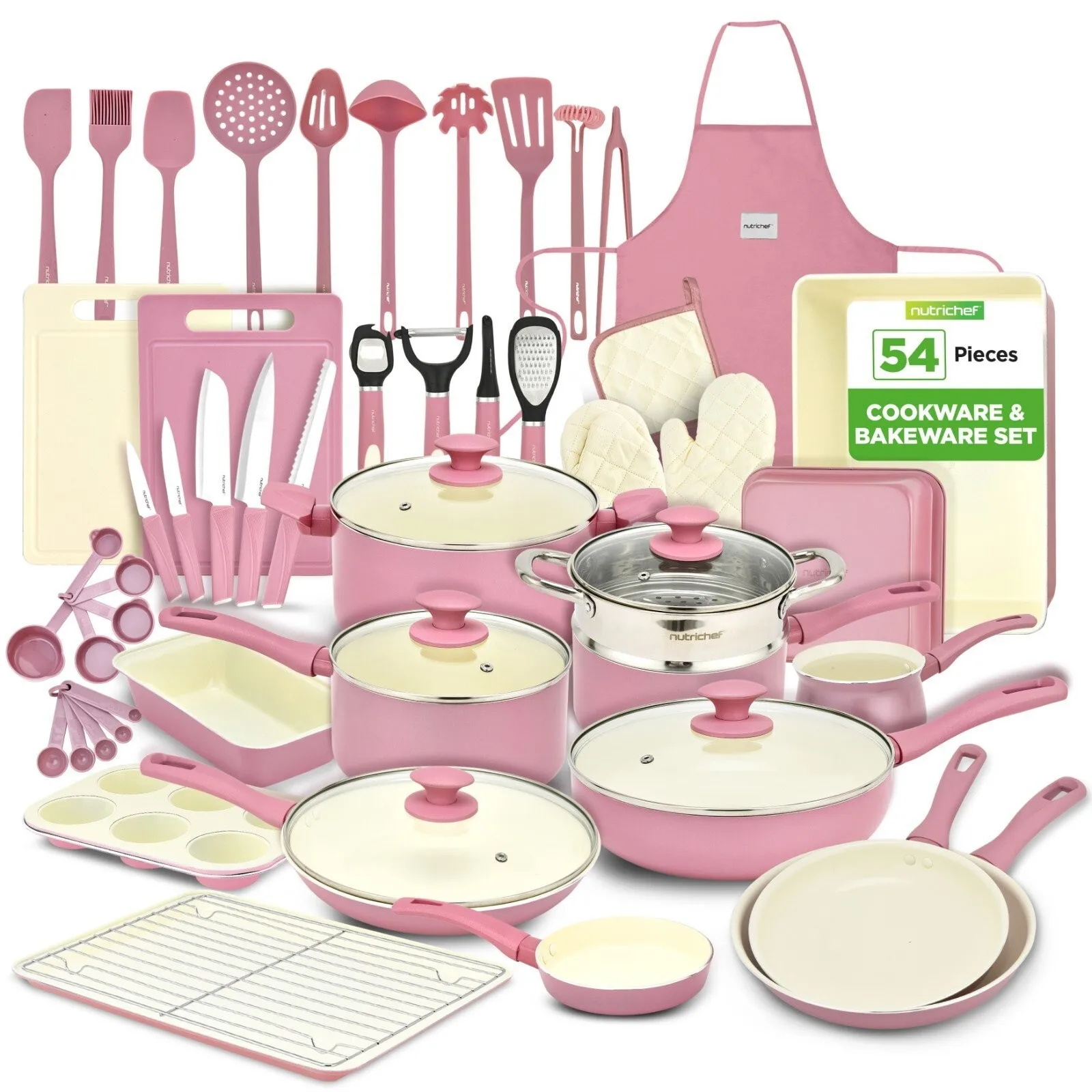

54-Pcs Home Kitchen Cookware High-Quality Ceramic (Blush Pink)