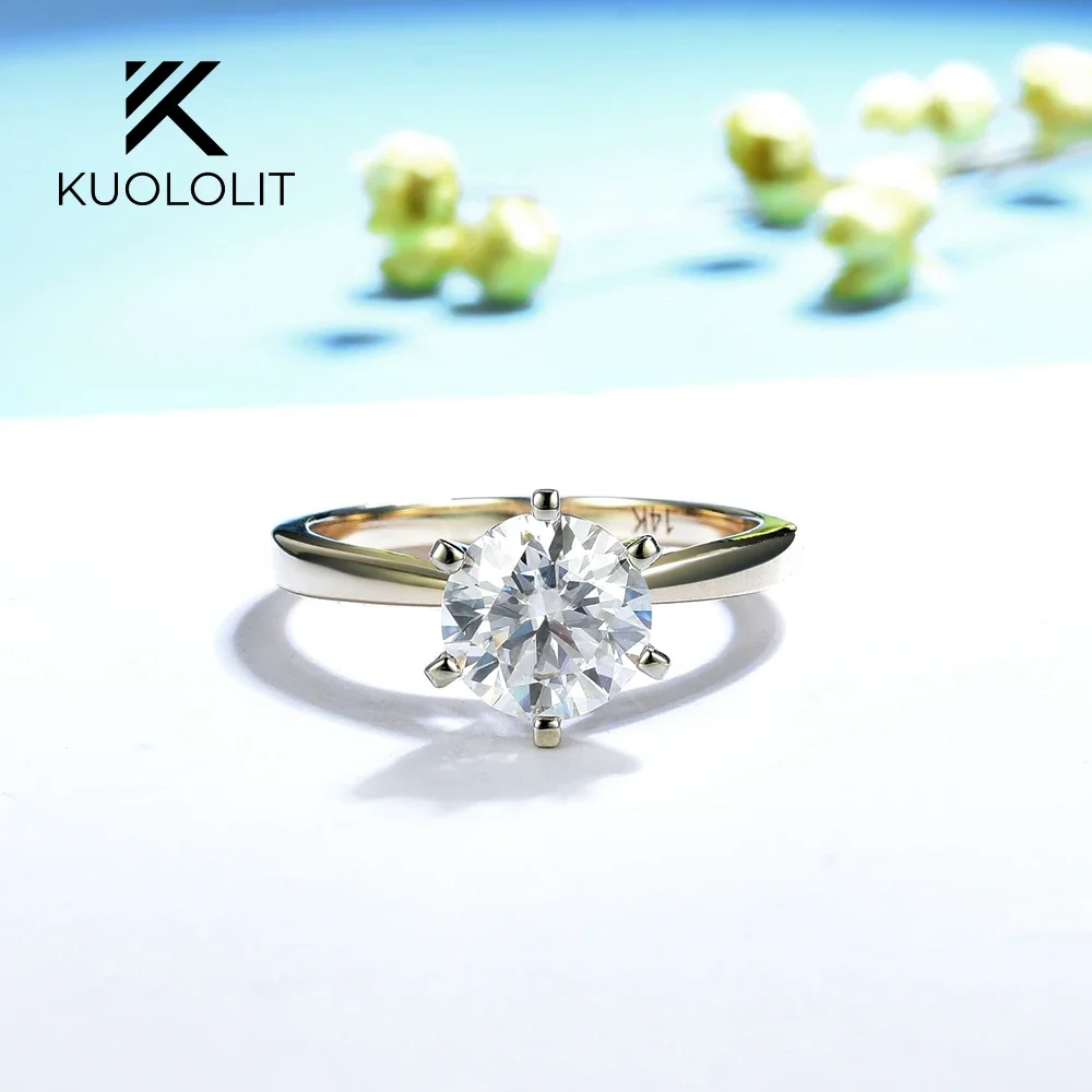 Kuololit 1.5CT Moissanite Ring for Women Soild 18K 14K Yellow Gold D/VVS1 Round Wedding Jewerlry for Engagement Christmas Gifts