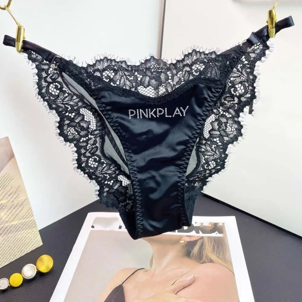 Crystal Letter Satin Silk Panties Thin Belt Mid Waist Rhinestone Lace Briefs Underwear Female Lingeries Underpants for Women