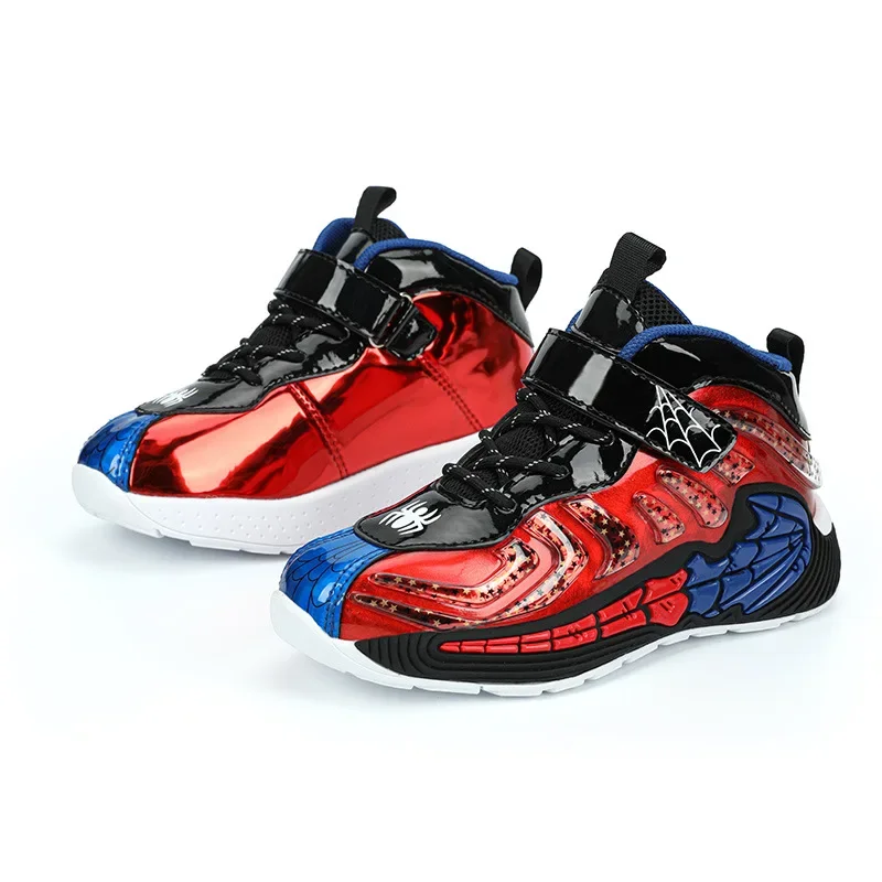 Disney Boys Girls Spider Man Cartoon Basketball Shoes Waterproof Leather Soft Shoes Magic Buckle Non-slip Sneakers Size 27-39