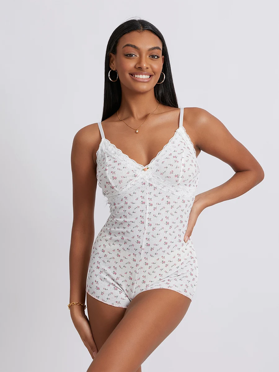 Y 2K Mouwloze Bodysuit V-Hals Bodycon Bloemenprint Short Stretchy Pyjama Playsuit Rompertjes Jumpsuit