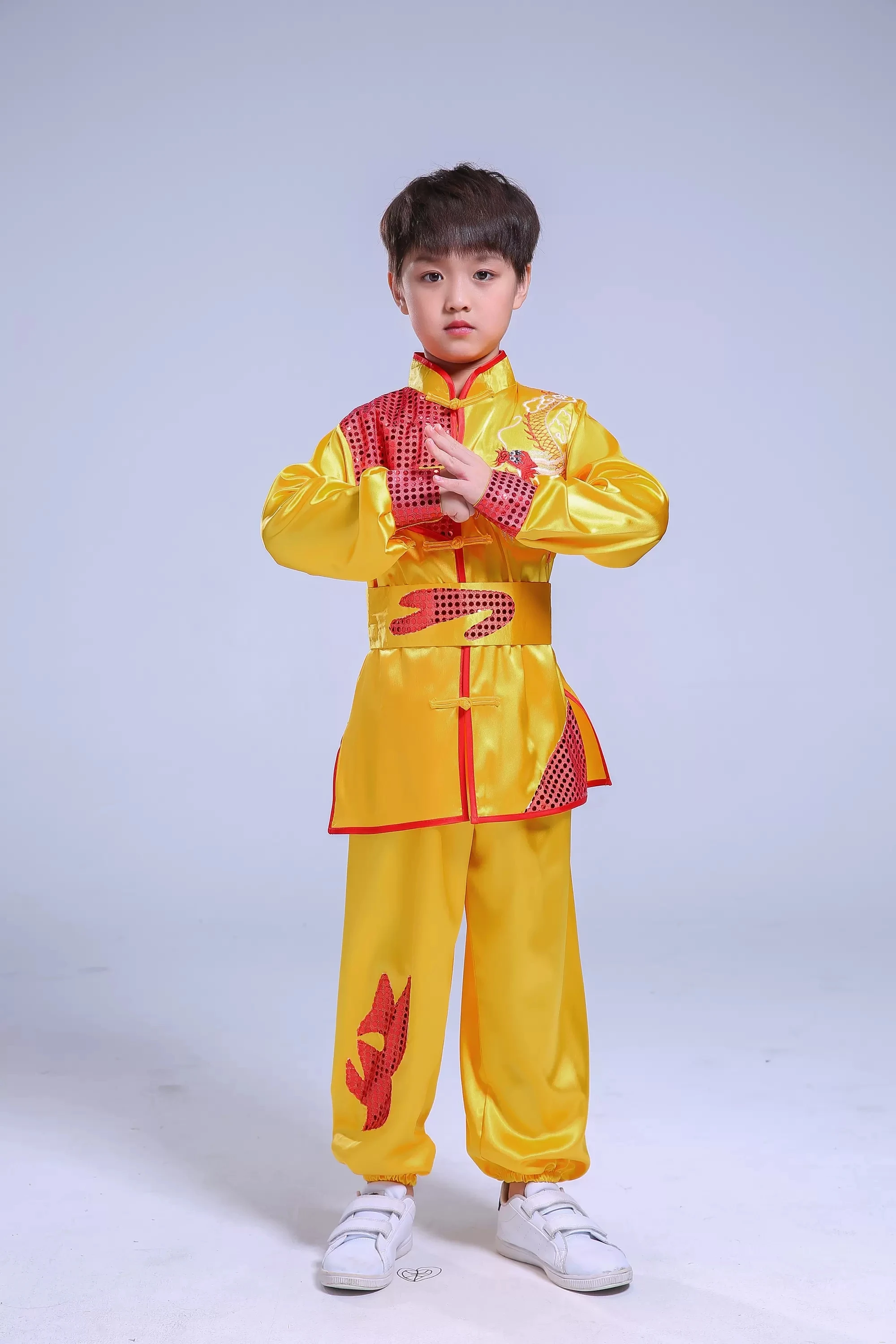 Ensemble de vêtements de style traditionnel pour enfants, nouvel an chinois, broderie de dragon à paillettes, uniformes de Kung Fu, chapelle Tai