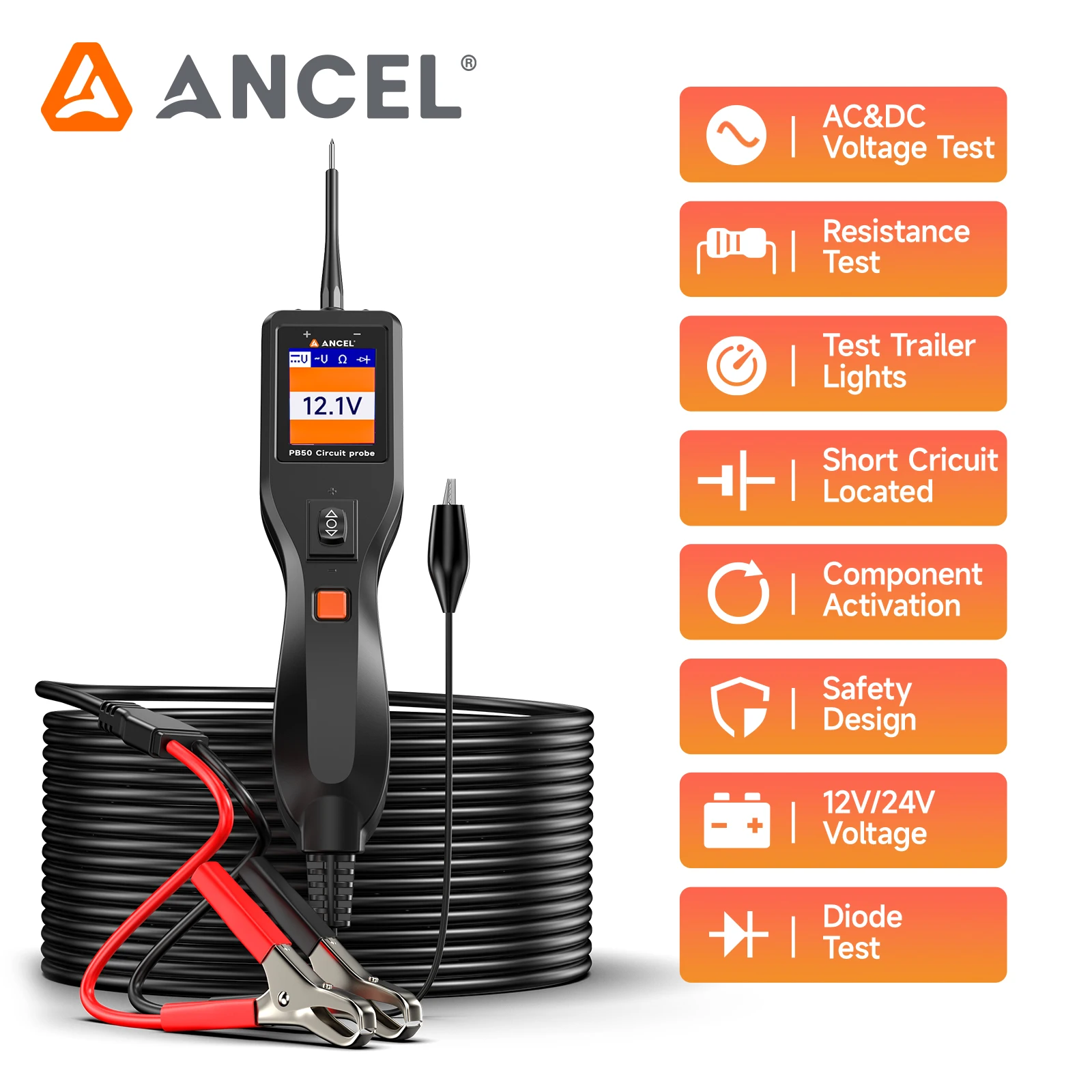 ANCEL PB50 12V 24V testeur de Circuit automobile Kit de sonde de puissance pour batterie de voiture et outil de Diagnostic de système électrique