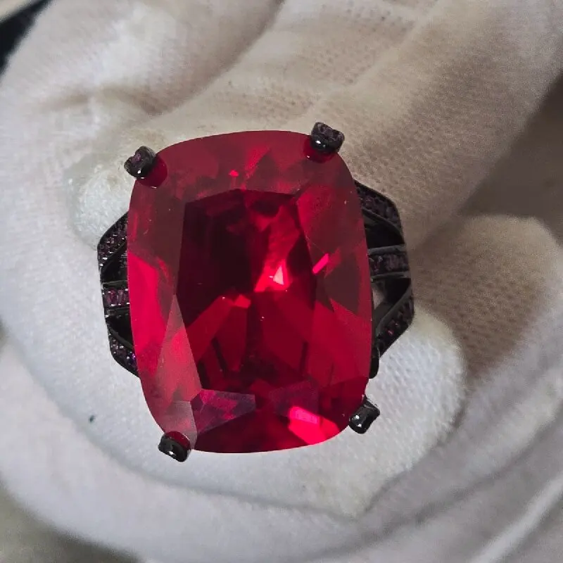 KQDANCE  Large Artificial Cushion Cut Ruby Red Corundum Gemstone Black Gold plated Ring For Women Jewelry
