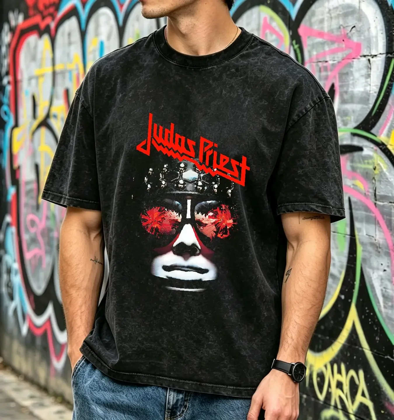 washed T Shirt judas priest hell bent vintage Washed Versatile graphic homme Casual Breathable streetwear fashion Soft