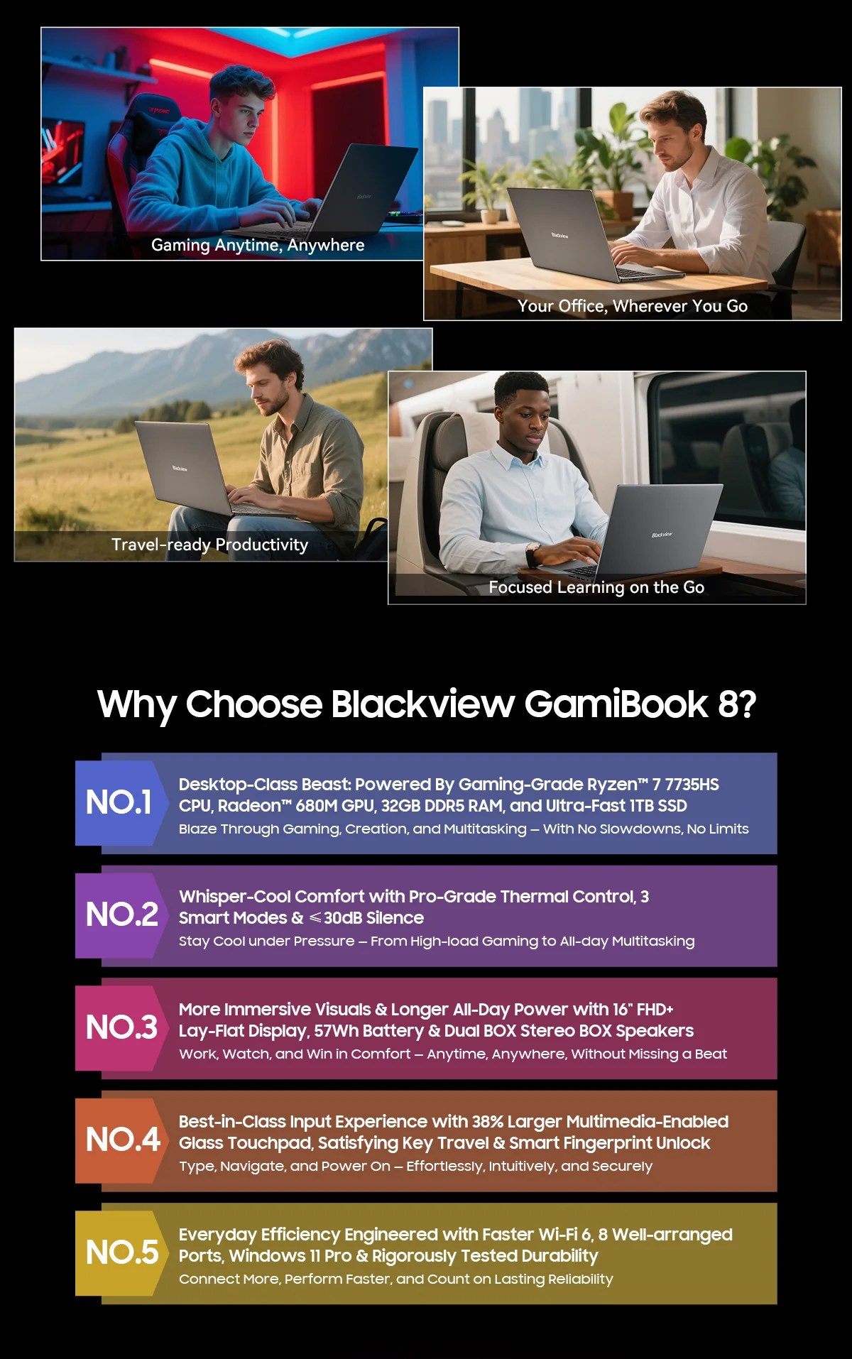 Blackview GamiBook 8 AMD R7 7735HS 16" 5000MAH Laptop 16GB+512GB / 32GB+1TB Windows 11Pro BT5.2 Wifi 6 Backlit Keyboad