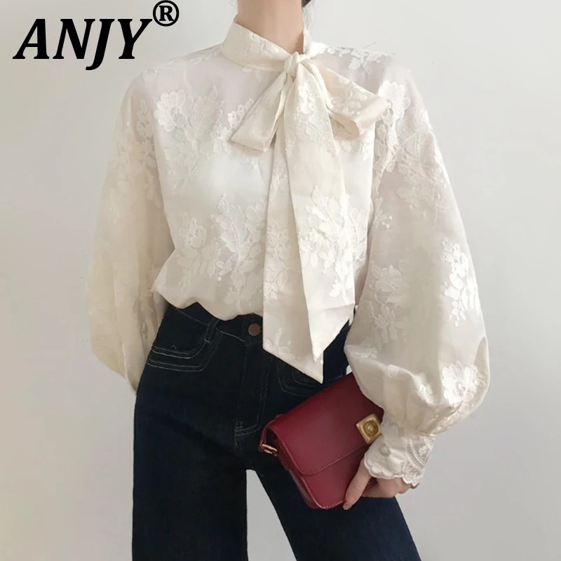 

ANJY Новая женская блузка-пуловер на шнуровке в французском элегантном стиле, модная повседневная рубашка с кружевом, трендовая модель A20100