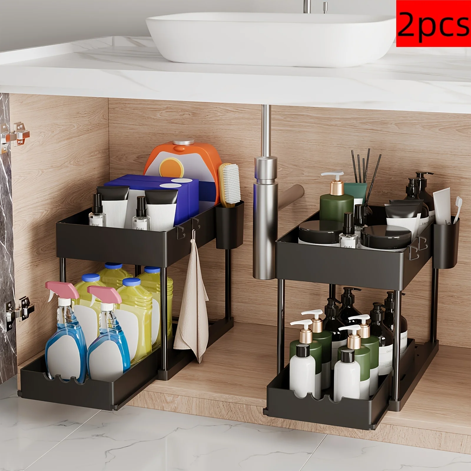 2Pcs 2-Tier Sliding Cabinet Organizer, Pull-Out Under Sink Rack, Double-Layer Shelf for Kitchen and Bathroom Storage