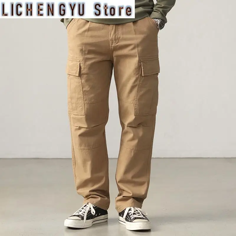 

Осень-зима, новые американские тканые брюки-карго в стиле ретро, мужские простые прямые повседневные брюки из 100% хлопка с эластичной резинкой на талии