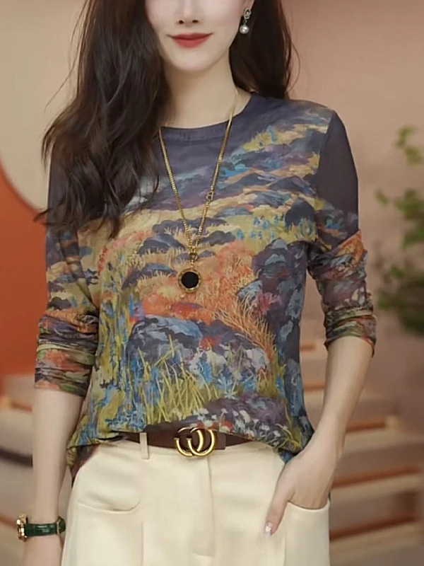 

Ladies' Me Printed T-irt Thin Long Sve Autumn Faionable Base Layer Trendy Small irt Commute Sle Korean Version