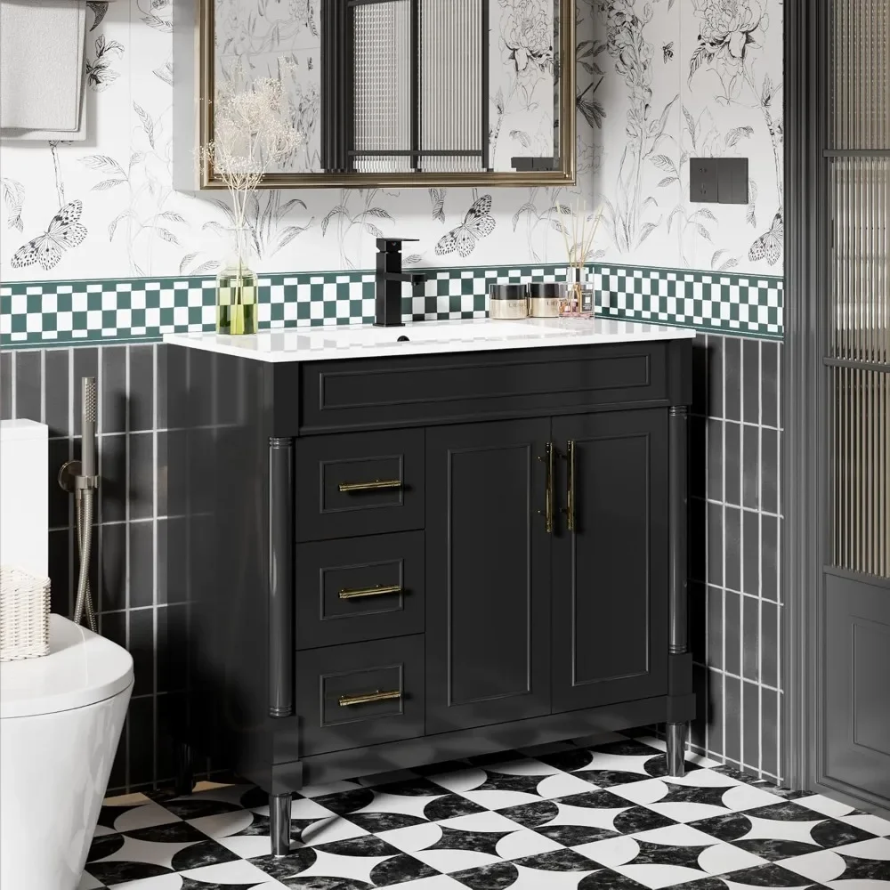 

36" Vintage Bathroom Vanity with Ceramic Sink Combo - Freestanding Storage Cabinet with Rome Feet & Undermount Basin