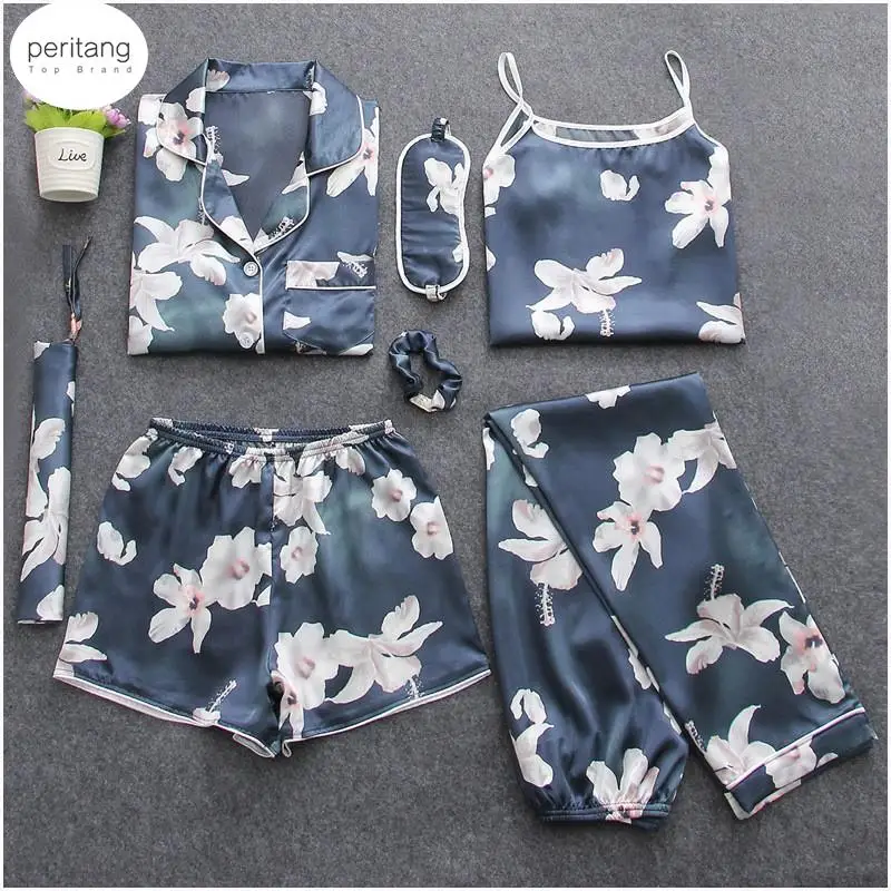 

Женская шелковая атласная пижама, пижамный комплект из 7 предметов