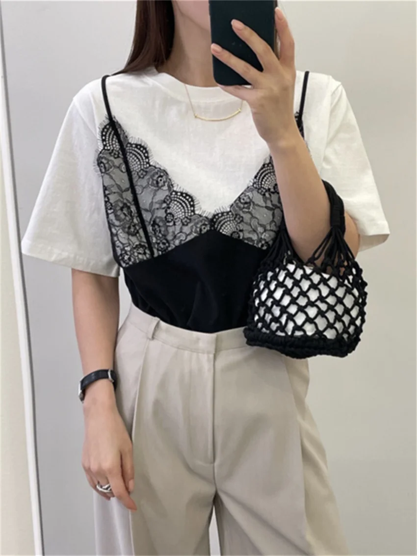 

Футболка женская кружевная в стиле пэчворк, с коротким рукавом