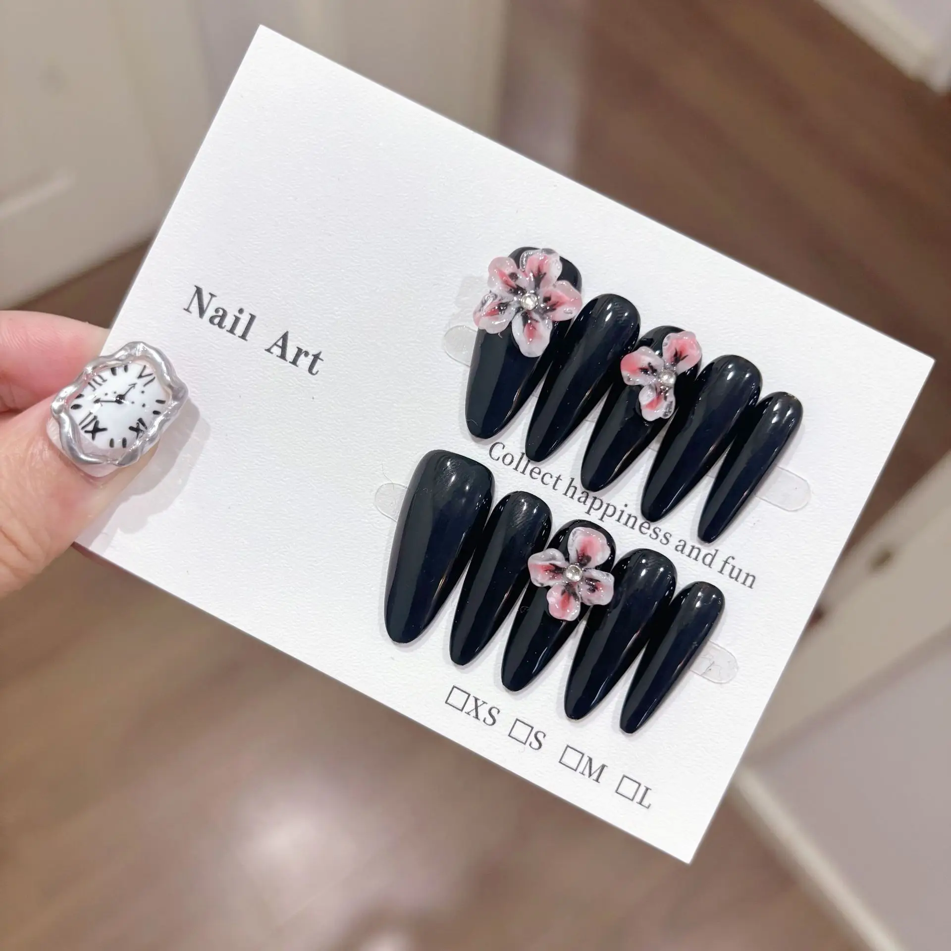 10 stuks handgemaakte lange druk op nagels zwart effen kleur 3D snijwerk bloemen decor zoete coole nepnagels draagbare nail art spice girl