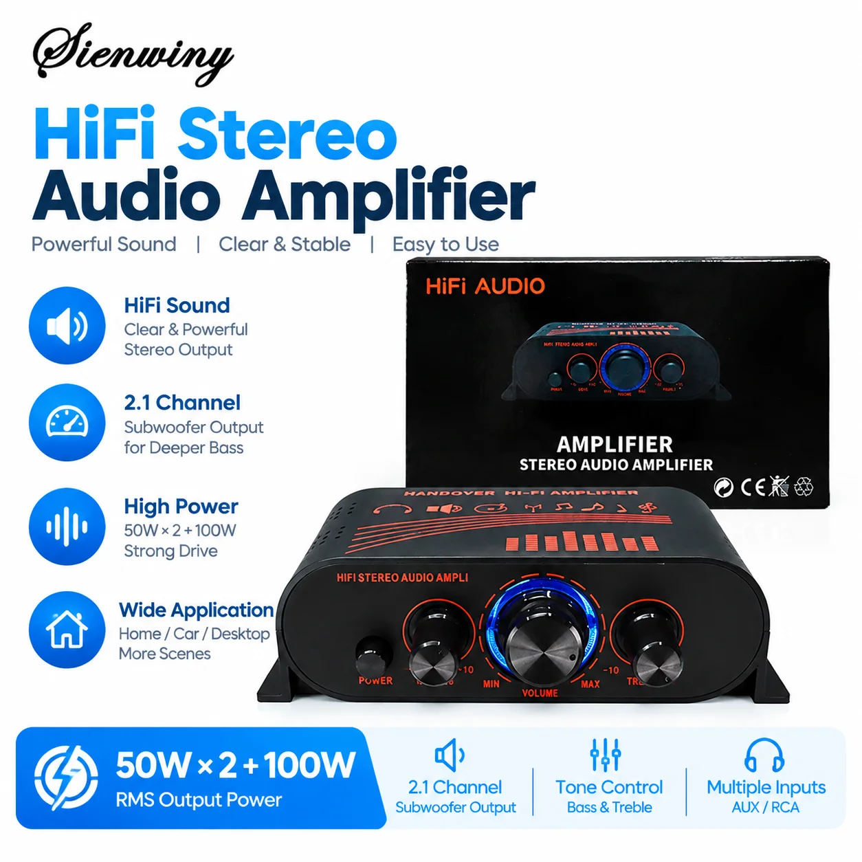 SIENWINY-674 Mini Stereo Power Amplifier 20W+20W HiFi Audio Amp DC12V RCA Input Bass Treble Control for Car Home Speaker