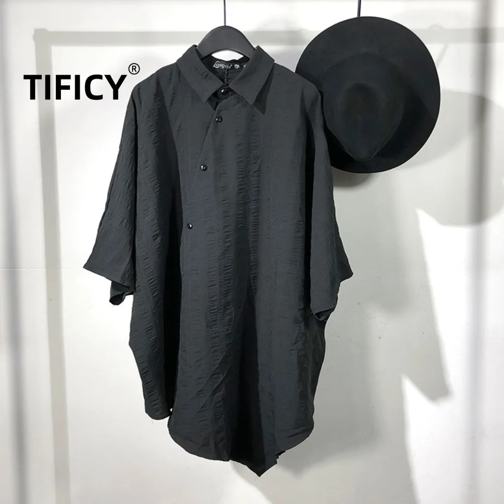

High Street Dark Black Summer Dark Irregular Folded Loose Bat Sleeve Shirt Men's Japanese Street Hip Hop Seven Sleeve Shirt