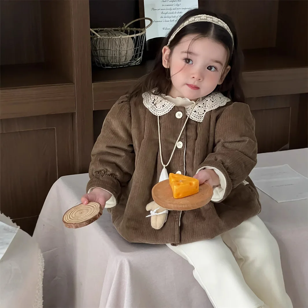 

Girls Lace Cotton Jacket 2024 New Baby Clothes Autumn and Winter Korean Children Clothing Fashion and Versatile