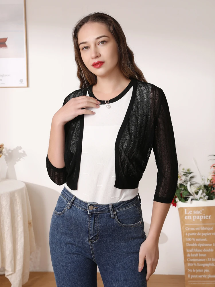 Knitted Ladies Sweaters Summer Cardigan Women Tops Cropped Knitwear Outerwear Cute Crochet Top Black Sweater Long Sleeve V-neck 3