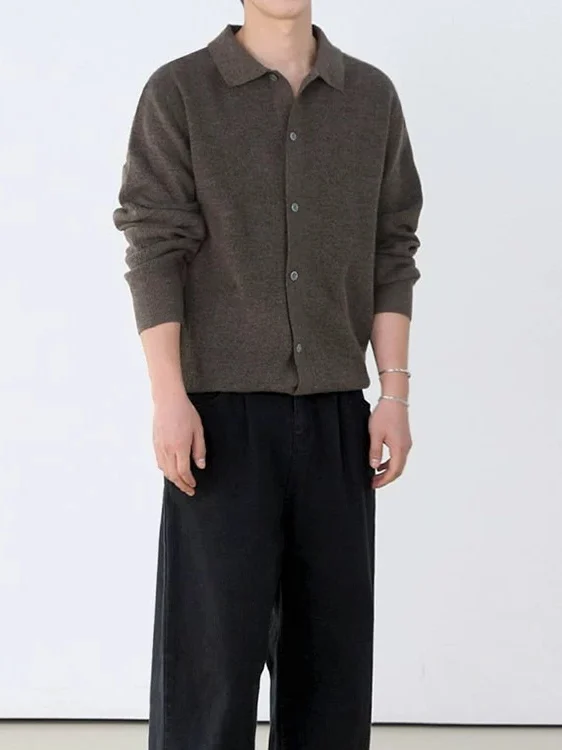 American Vintage Knitted Open Cardigan Men's  Collar Button Jacket Yarn Shirt Thin Outerwear Slim Fit Long Sleeve Youth F...