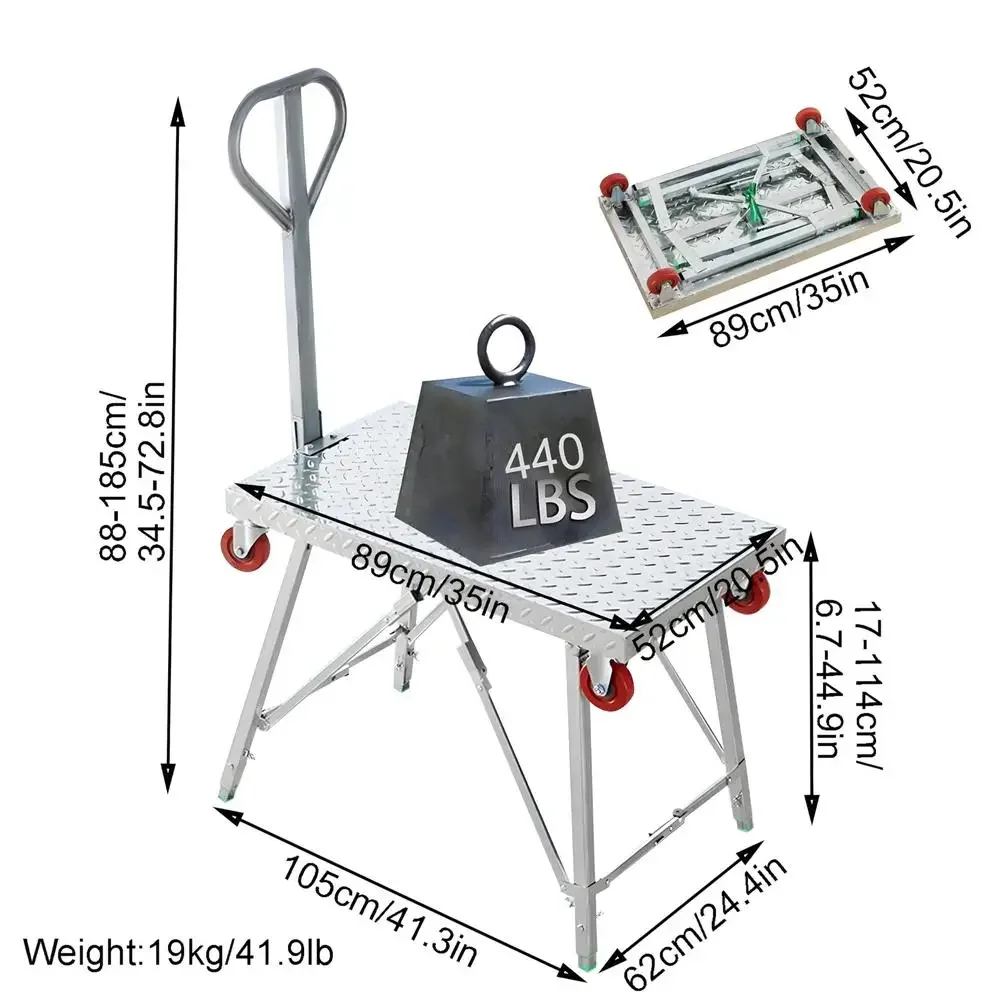 휴대용 접이식 작업대, 손잡이와 바퀴 4 개, 튼튼한 발판 사다리