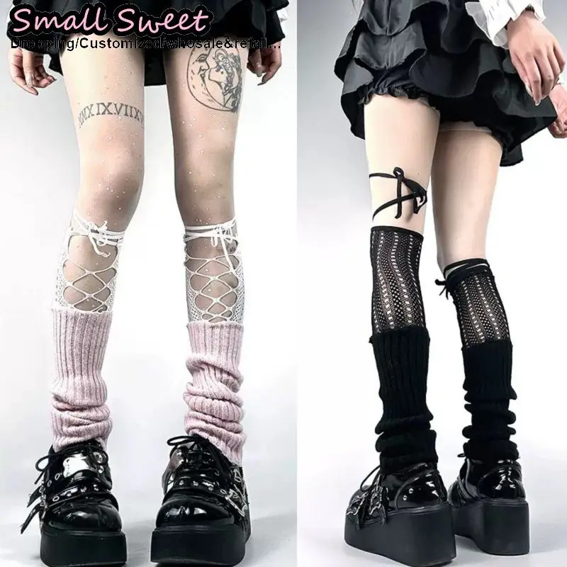 Women Subculture Strap Millennium Wind Leg Sleeves Y2K Fishnet Mid-Calf Knitted Ballet Black Stack Socks Sweet Leg Warmers