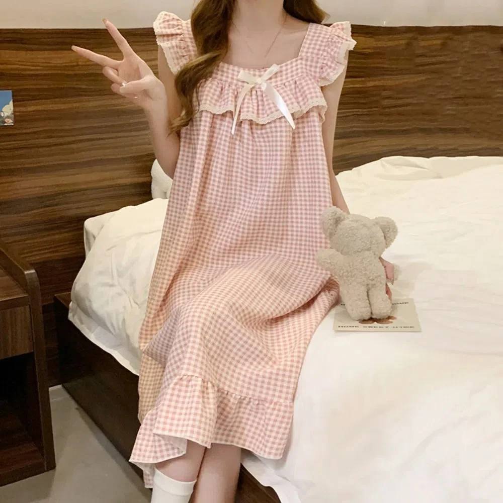 

Elegant Lace Ruffle Women's Grid Pajama Dress Bowknot Loose Sleeveless Nightdress Sweet Homewear Nightgowns with Pads Female