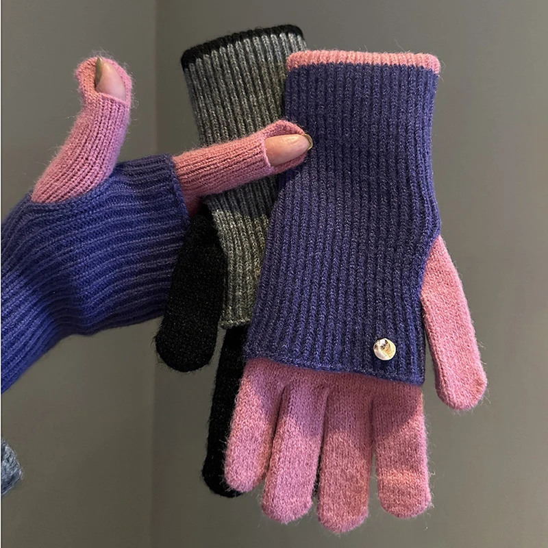 Winter Women's Exposed Finger Touch Screen Warm Long Short Dual-Use Cycling Student Color Blocked Knitted Yarn Gloves