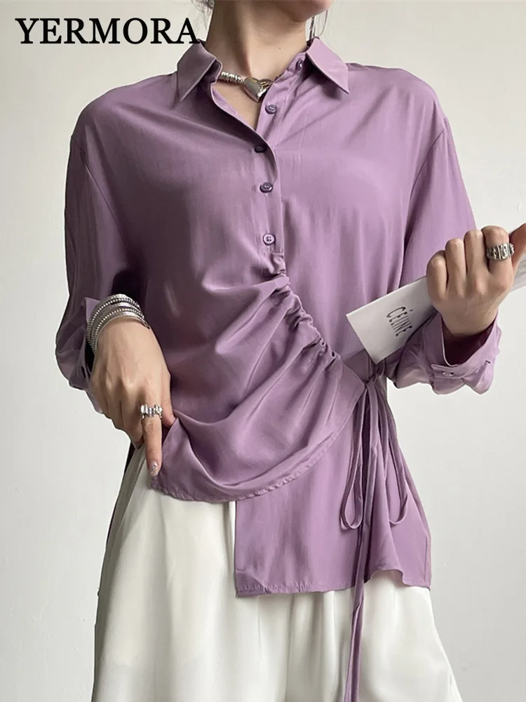 

YERMORA Purple Irregular Pleated Bandage Casual Blouse For Women Lapel Long Sleeve Loose New Shirt Fashion Spring Summer 2025