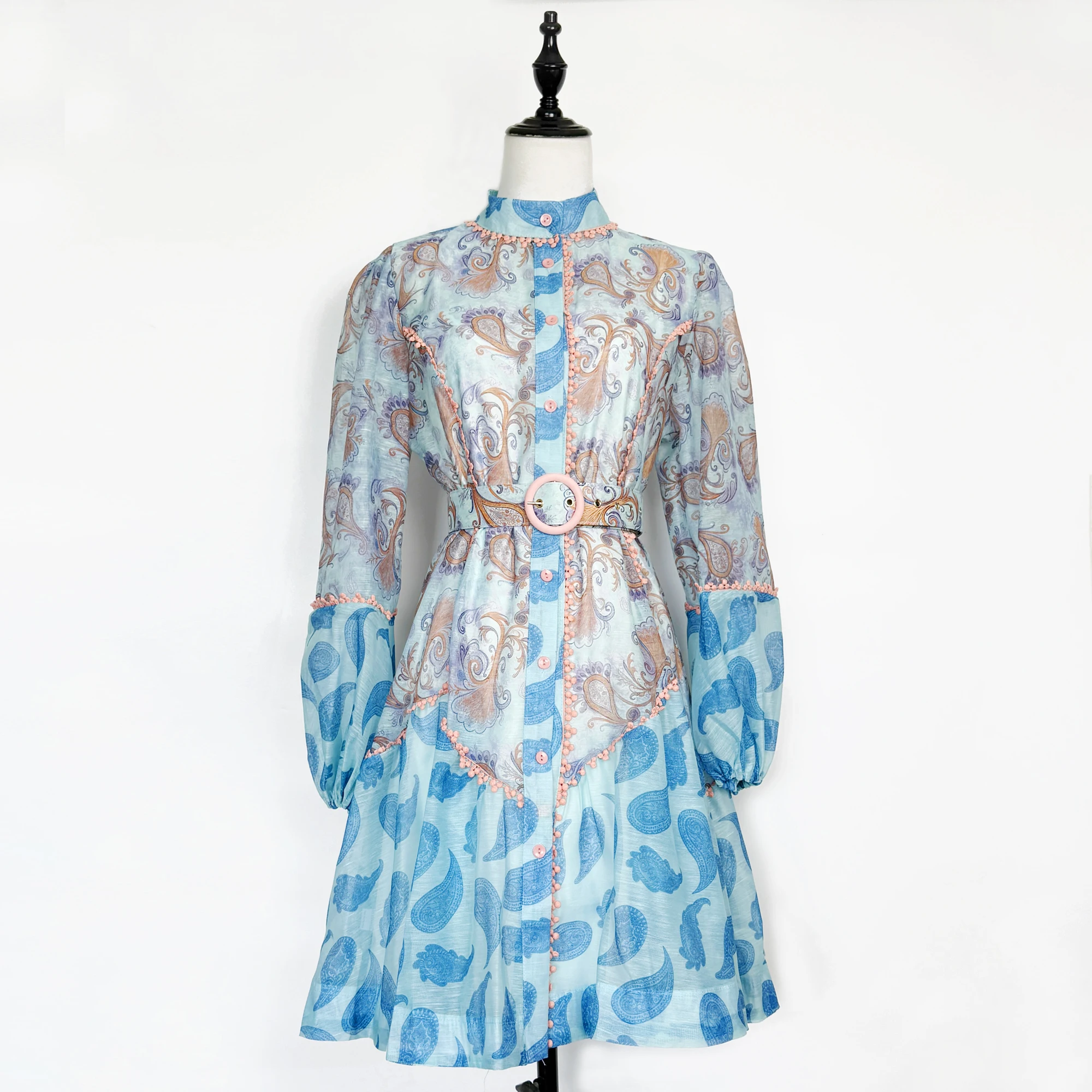 

Runway 2025 Spring Summer Lace Patchwork Mini Dress Women's Stand Collar Long Lantern Sleeve Print Belt Casual Holiday Dress