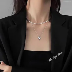 Stainless Steel Necklace Double Layered Love Heart Pendant Necklace for Women Simple Silver Color Long Neck Chain Female Jewelry