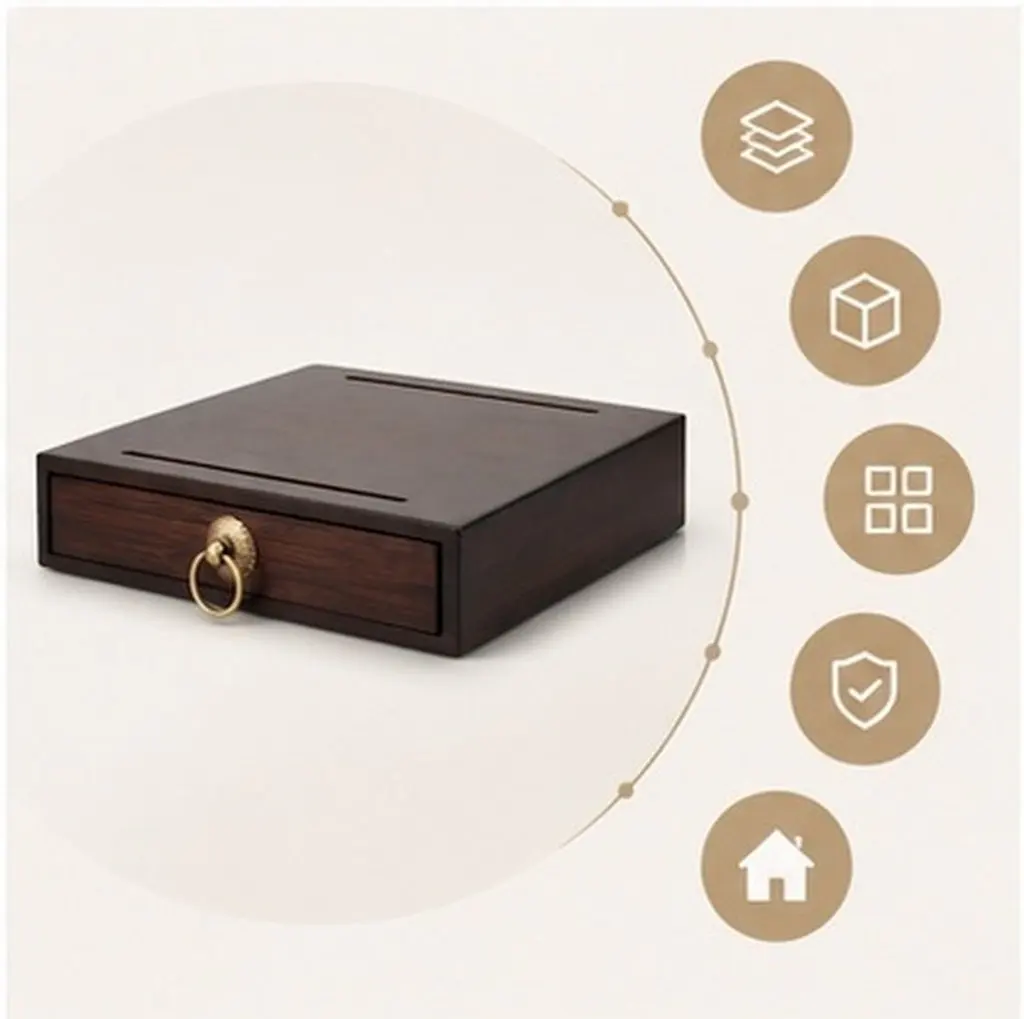 Wooden Tea Cake Box Drawer Single Layer Vintage PU-Erh Tea Storage Chest Home Office Desk Organizer Coffee Sugar Spice Bag