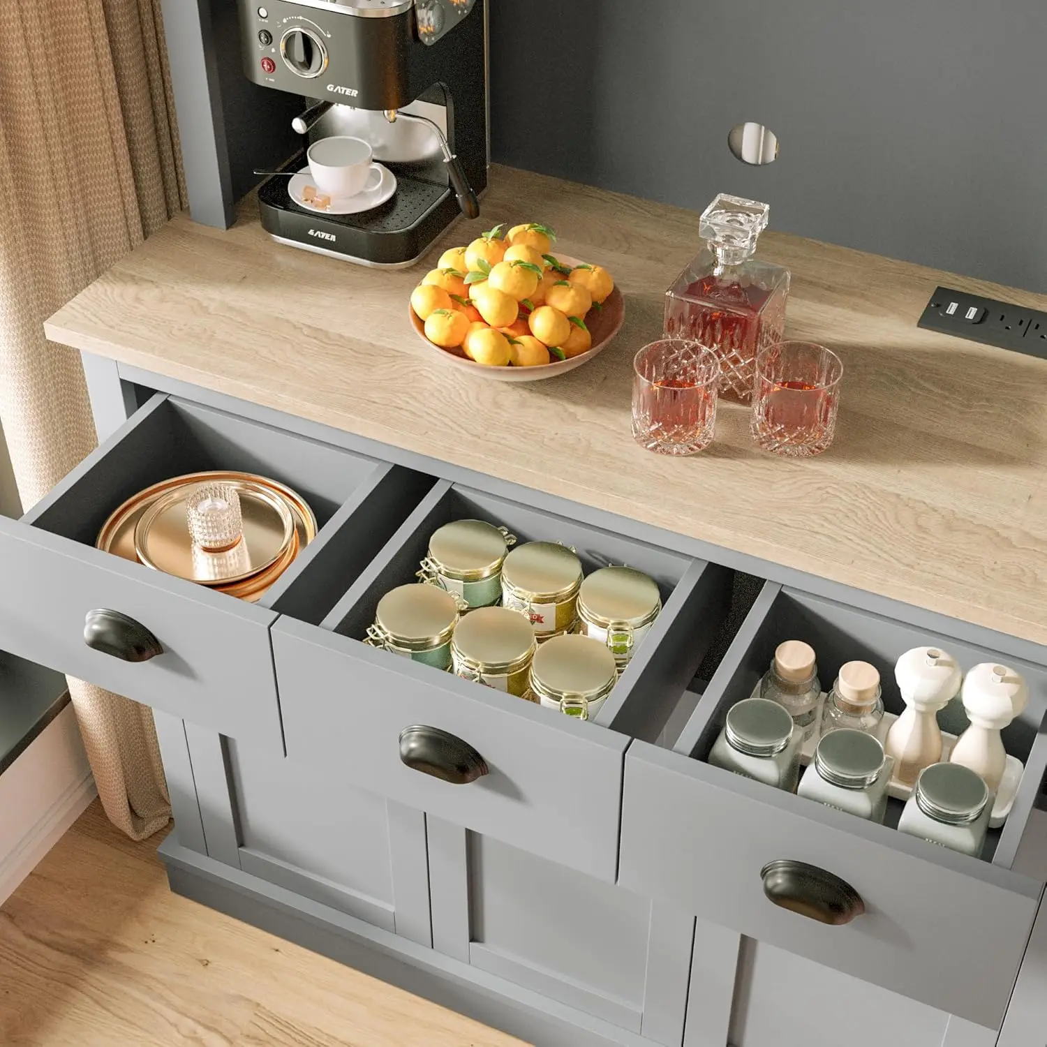 Gabinete de despensa de cocina de 71' con estación de carga, aparador alto con encimera, cajones y estante para microondas, gris