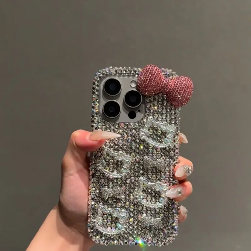 

Kawaii Sanrio Material Package Hello Kitty Glitter Diamond Advanced Phone Case Suitable For Iphone 16 15 14 13 12 11 Promax Gift